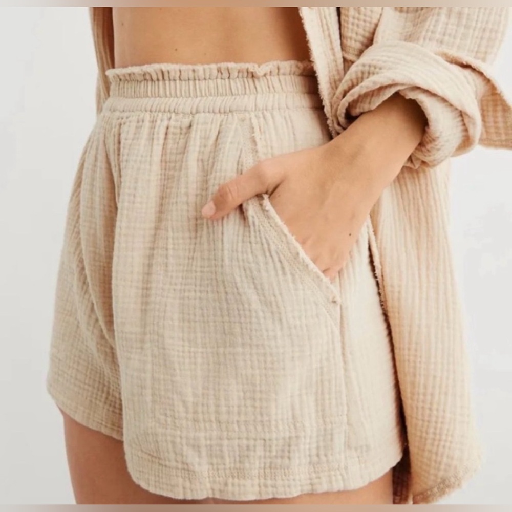 Aerie Pool To Party Gauze Shorts Cream High Waisted Boho Coastal Beach Linen, S - Picture 5 of 15